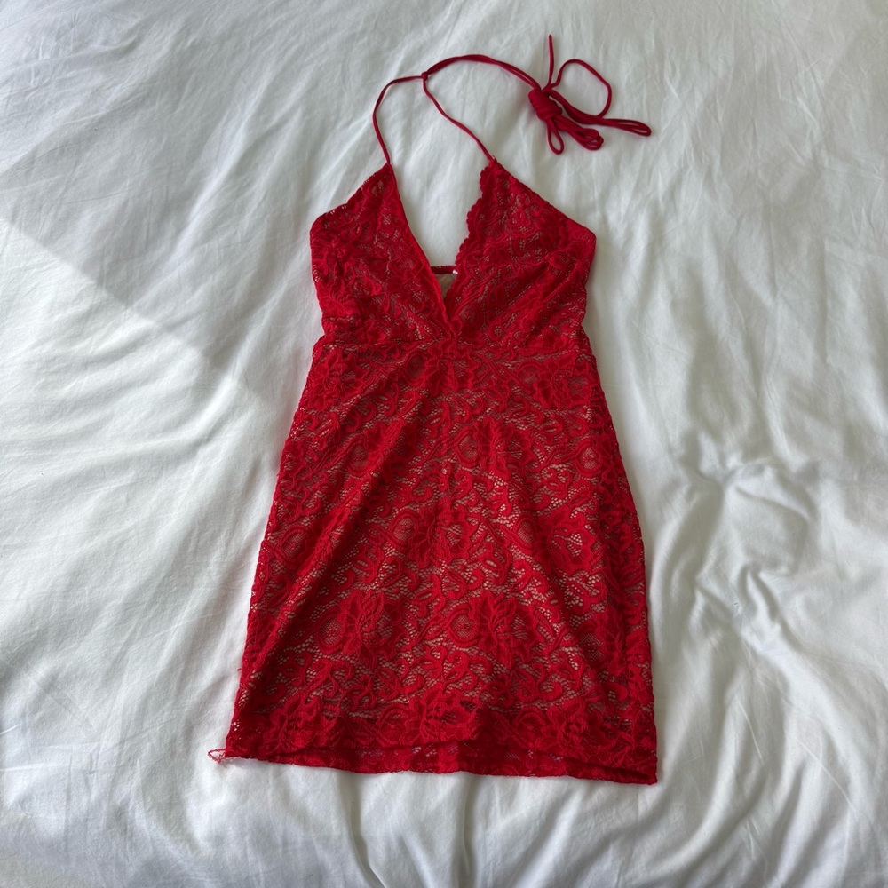 Red Lace Halter Dress